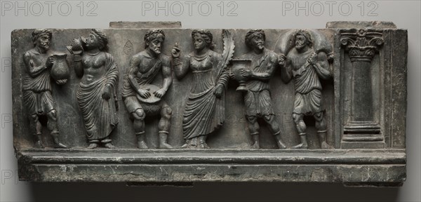 Bacchanalian Relief, 1-100. Pakistan, Gandhara, Buner area, early Kushan Period (AD 1-320). Schist; overall: 16.5 x 53 cm (6 1/2 x 20 7/8 in.).