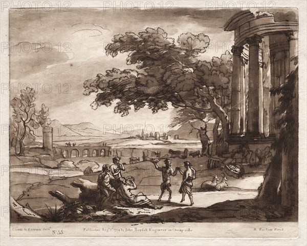 Liber Veritatis:  No. 55, A Landscape with a Temple and a Nymph and Satyr Dancing, 1774. Richard Earlom (British, 1743-1822). Etching and mezzotint