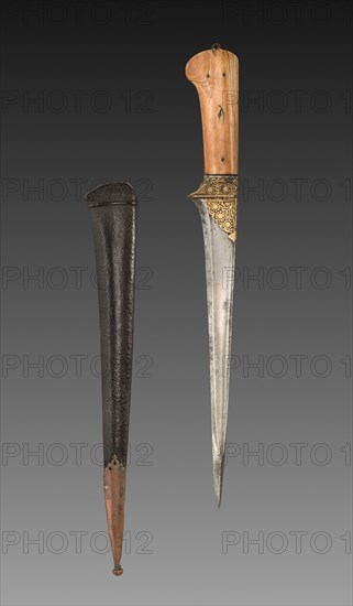 Dagger with Brown Leather Case, 1700s-1800s. India, 18th-19th Century. Silver inlay and leather; overall: 42 cm (16 9/16 in.).