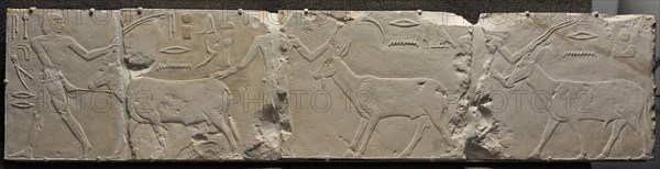 Relief of Men Bringing Desert Animals, c. 2311-2281 BC. Egypt, Saqqara, Old Kingdom, Early Dynasty 6, 2311-2140 BC. Limestone; overall: 36.5 x 161.2 cm (14 3/8 x 63 7/16 in.).