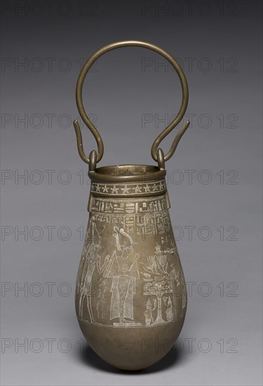 Decorated Situla, 305-30 BC. Egypt, Ptolemaic Dynasty. Bronze; diameter: 15.5 cm (6 1/8 in.); diameter of mouth: 10.2 cm (4 in.); overall: 28.3 cm (11 1/8 in.); with handle: 45.2 cm (17 13/16 in.).