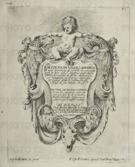 Collection of Various Caprices and New Designs of Cartouches and Ornaments:  No 1, Title Page. Stefano Della Bella (Italian, 1610-1664). Etching