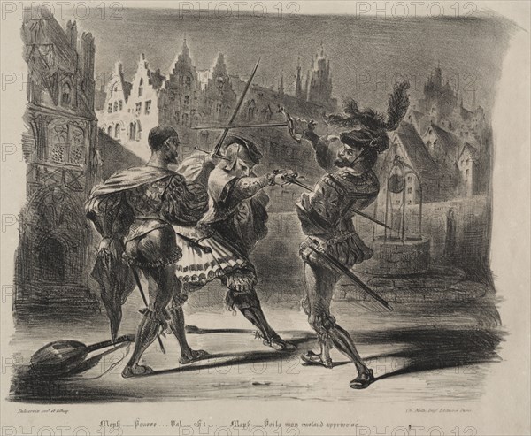 Faust: Tragédie de M. de Goethe, translated into French by Albert Stapfer.: Illustrations for Faust: Duel of Faust and of Valentin, 1828. Eugène Delacroix (French, 1798-1863), Chez Ch. Motte, Éditeur, distributed by Chez Sautelet, Libraire. Lithograph