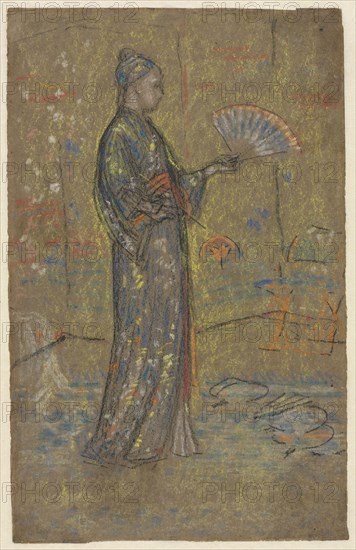 Japanese Woman Painting a Fan (recto), c. 1872. James McNeill Whistler (American, 1834-1903). Black chalk and pastel; sheet: 27.9 x 17.6 cm (11 x 6 15/16 in.); secondary support: 38.5 x 28.9 cm (15 3/16 x 11 3/8 in.).