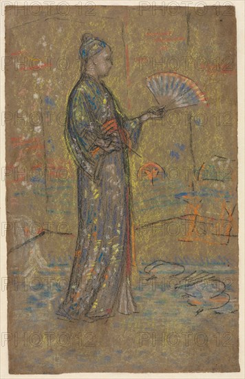 Japanese Woman Painting a Fan (recto); Standing Woman Holding Up Her Dress (verso), c. 1872. James McNeill Whistler (American, 1834-1903). Black chalk and pastel; sheet: 27.9 x 17.6 cm (11 x 6 15/16 in.); secondary support: 38.5 x 28.9 cm (15 3/16 x 11 3/8 in.).