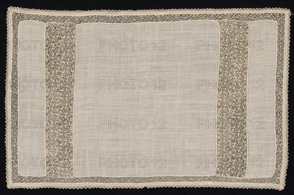 Cloth with Winged and Two-Tailed Animals, 17th-18th century. Italy, 17th-18th century. Plain weave linen with needle lace, filet/lacis (knotted ground and darned in two directions) and bobbin lace edging; bleached linen (est.); overall: 88.3 x 137.5 cm (34 3/4 x 54 1/8 in.)
