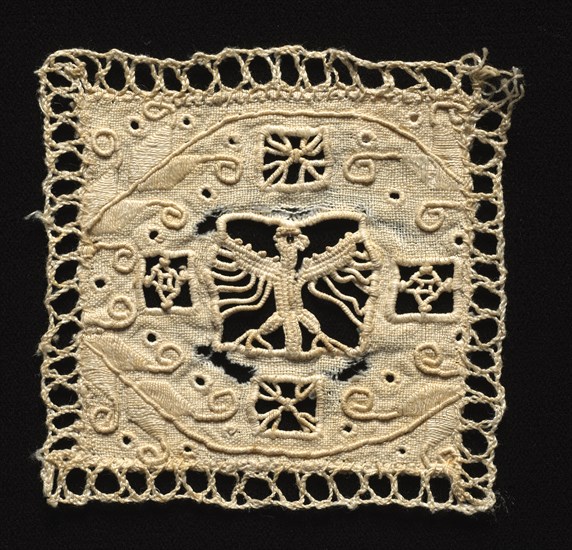 Fragment of Needlepoint (Cutwork) Lace, 17th century. Italy, 17th century. Lace, needlepoint: linen; average: 8.3 x 8.3 cm (3 1/4 x 3 1/4 in.).