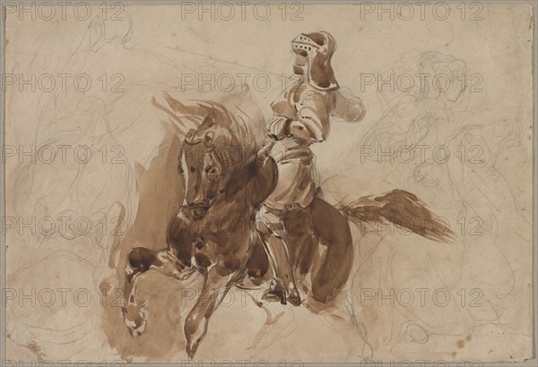 Armored Figure on Horseback (recto), c. 1828. Eugène Delacroix (French, 1798-1863). Graphite and brush and brown wash; sheet: 27 x 39.7 cm (10 5/8 x 15 5/8 in.).