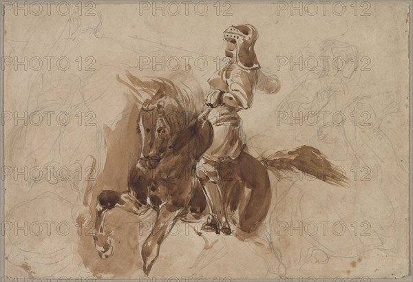 Armored Figure on Horseback (recto); Horse in Front of a Barn (verso), c. 1828. Eugène Delacroix (French, 1798-1863). Graphite and brush and brown wash; sheet: 27 x 39.7 cm (10 5/8 x 15 5/8 in.).