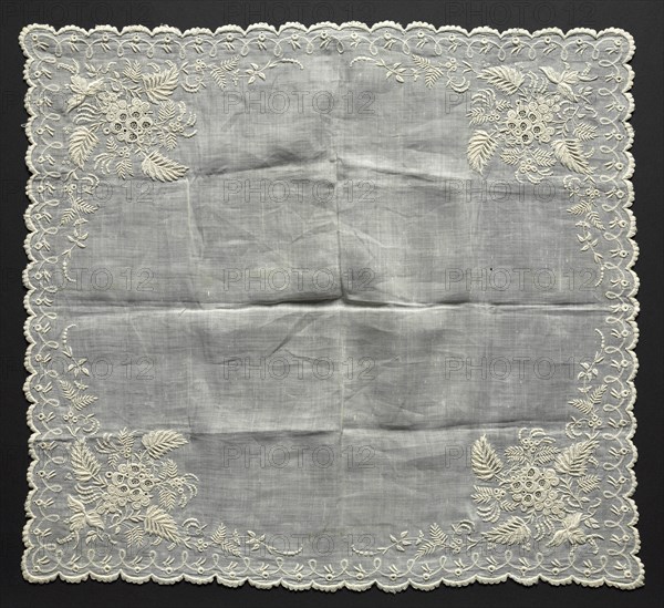 Handkerchief, 1857. Madeira, 19th century. Plain weave cotton? with cotton? embroidery; average: 45.8 x 41.3 cm (18 1/16 x 16 1/4 in.)