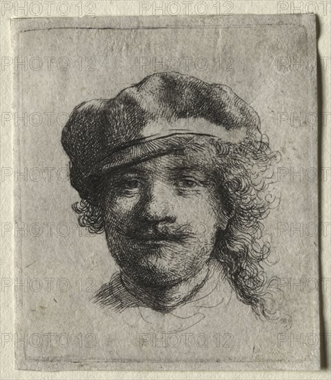 Self-Portrait Wearing a Soft Cap: Full Face, Head Only, c. 1634. Rembrandt van Rijn (Dutch, 1606-1669). Etching; sheet: 5.3 x 4.7 cm (2 1/16 x 1 7/8 in.); platemark: 5 x 4.4 cm (1 15/16 x 1 3/4 in.)