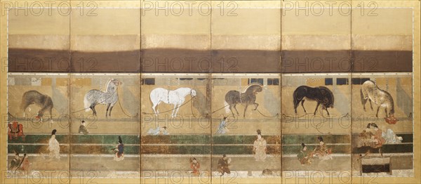 Horses and Grooms in the Stable, early 1500s. Tosa School (Japanese). Pair of six-panel folding screens; ink, color, and gold on paper; image: 146 x 349.6 cm (57 1/2 x 137 5/8 in.).