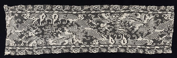 Band with Leaf Motifs, 17th century. Italy, Sardinia, 17th century. Needle lace, filet/lacis (knotted ground and darned in one and two directions); bleached linen (est.); overall: 20.2 x 68.8 cm (7 15/16 x 27 1/16 in.).