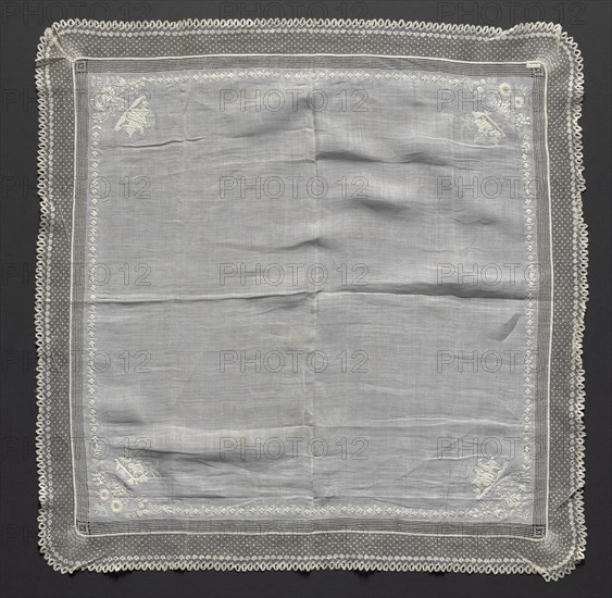 Handekrchief, early 1800s. France or Flanders, early 19th century. Embroidery on linen ground; lace edging; overall: 64.7 x 64.7 cm (25 1/2 x 25 1/2 in.).
