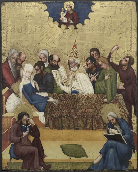 Death of the Virgin, c. 1400. Master of Heiligenkreuz (Austrian). Tempera and oil with gold on panel; image: 66 x 53.3 cm (26 x 21 in.); framed: 74 x 61.5 x 4.5 cm (29 1/8 x 24 3/16 x 1 3/4 in.); unframed: 71 x 54 cm (27 15/16 x 21 1/4 in.).