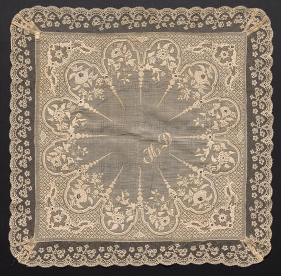 Handkerchief, 1800s. France, 19th century. Embroidery on linen ground; lace edging; overall: 57.7 x 57.2 cm (22 11/16 x 22 1/2 in.)