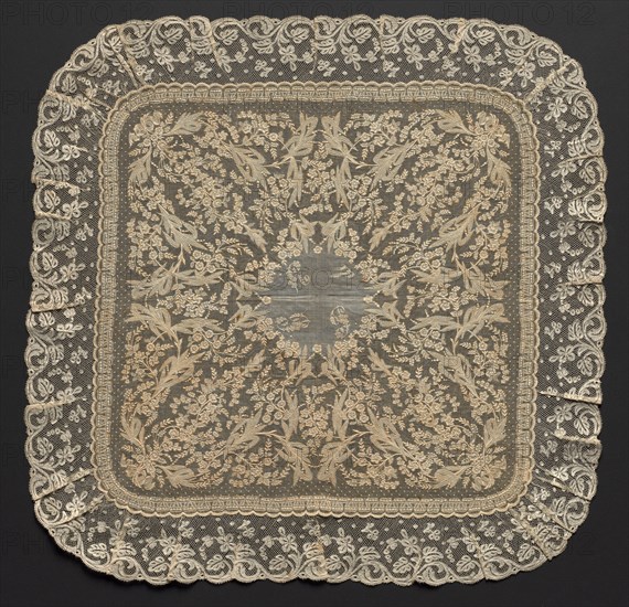 Handkerchief, 1800s. France or Italy, 19th century. Embroidery on linen ground; lace edging; overall: 57.2 x 55.9 cm (22 1/2 x 22 in.)