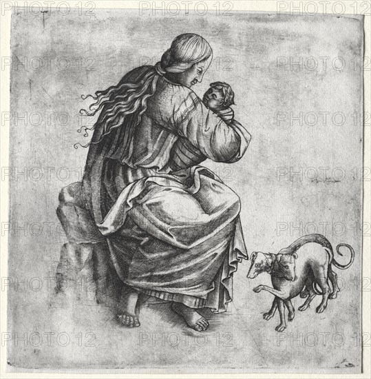 Mother and Child with Two Dogs, late 1400s. Italy, late 15th Century. Engraving