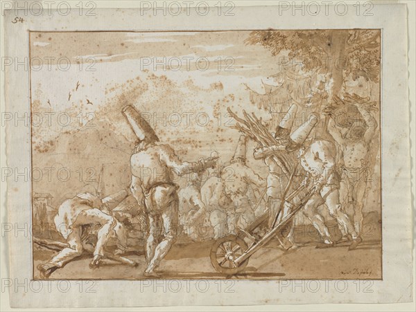 Gathering Wood, late 1790s. Giovanni Domenico Tiepolo (Italian, 1727-1804). Pen and brown ink and brush and brown wash over black chalk; framing lines in brown ink and graphite; sheet: 35.1 x 47 cm (13 13/16 x 18 1/2 in.); image: 29.4 x 41.5 cm (11 9/16 x 16 5/16 in.).
