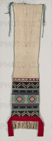 "Hopi Brocade" style Dance Sash, c. 1880-1900. America, Native North American, Southwest, Pueblo (Hopi?), Post-Contact, Transitional Period. Plain weave with supplementary weft wrap: cotton and wool (handspun, Germantown, and bayeta); overall: 149 x 63 cm (58 11/16 x 24 13/16 in.)