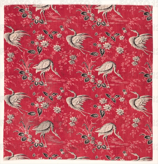 Roller-Printed Cotton with Heron and Flower Design, 1800s. England, 19th century. Roller printed cotton; overall: 56.1 x 53.8 cm (22 1/16 x 21 3/16 in.)