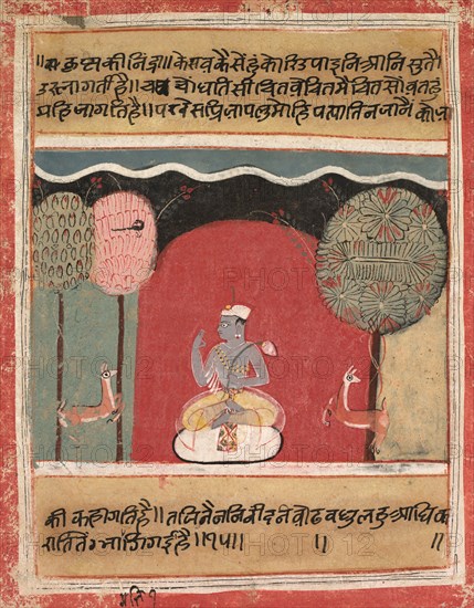 Krishna's Insomnia, Page from a Rasikapriya, 1634. Central India, Malwa school, 17th century. Ink and color on paper; image: 17.8 x 13.8 cm (7 x 5 7/16 in.); overall: 20.5 x 16.5 cm (8 1/16 x 6 1/2 in.).