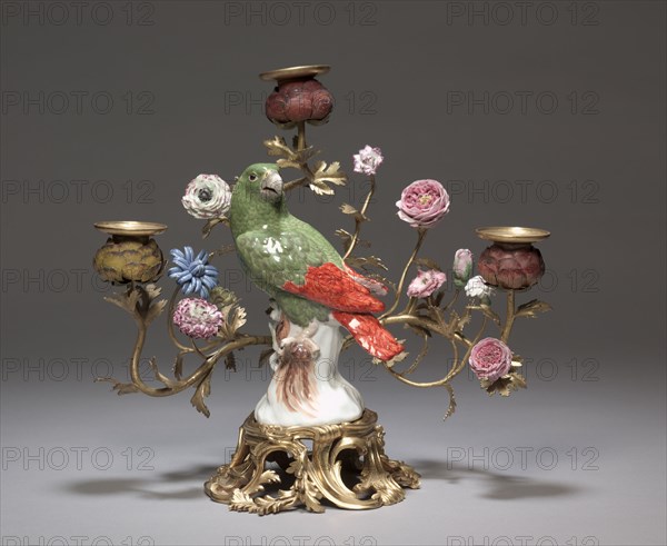 Candelabrum with Parrot , c. 1740. Meissen Porcelain Factory (German), Johann Joachim Kändler (German, 1706-1768). Porcelain mounted in gilt bronze; part 1: 19.6 cm (7 11/16 in.); part 2: 29.6 x 32.1 cm (11 5/8 x 12 5/8 in.).