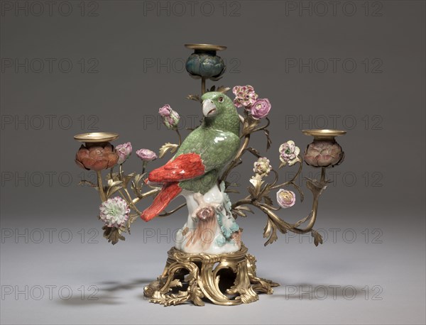 Candelabrum with Parrot , c. 1740. Meissen Porcelain Factory (German), Johann Joachim Kändler (German, 1706-1768). Porcelain mounted in gilt bronze; part 1: 19.6 cm (7 11/16 in.); part 2: 29.6 x 32.1 cm (11 5/8 x 12 5/8 in.).