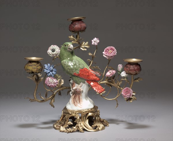 Candelabras with Parrots, c. 1740. Meissen Porcelain Factory (German), Johann Joachim Kändler (German, 1706-1768). Porcelain mounted in gilt bronze; part 1: 19.6 cm (7 11/16 in.); part 2: 29.6 x 32.1 cm (11 5/8 x 12 5/8 in.).