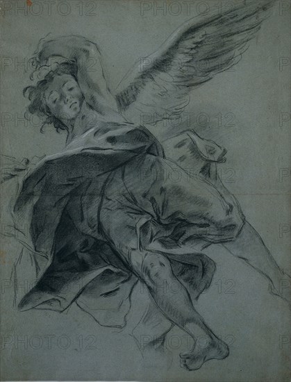 A Flying Angel (recto), 1723-1727. Giovanni Battista Piazzetta (Italian, 1682-1754). Black chalk heightened with traces of white chalk ; sheet: 56.3 x 42.6 cm (22 3/16 x 16 3/4 in.).
