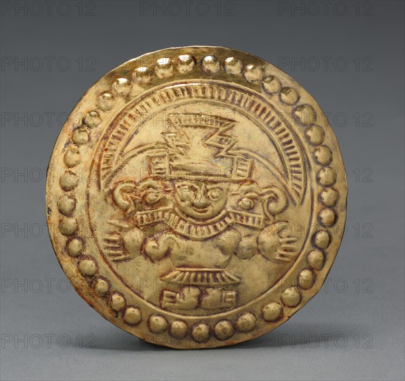 Ear Flare Frontal, Chimú style (900-1470). Peru, North Coast, Paramonga(?), Chimú style (900-1470). Hammered gold alloy; diameter: 8.6 cm (3 3/8 in.).