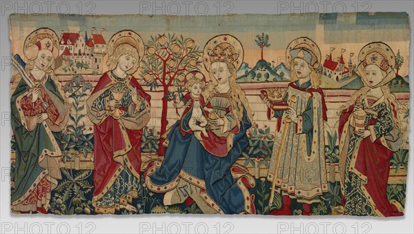 Virgin and Child with Four Saints, c. 1500. Germany or Switzerland, Upper Rhine. Tapestry weave: linen warp, wool and silk wefts; overall: 79.7 x 155.8 cm (31 3/8 x 61 5/16 in.)