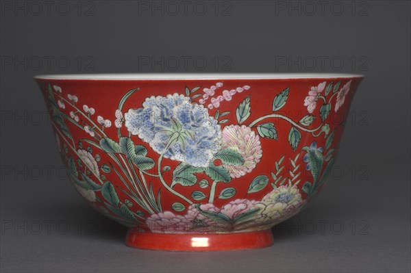 Bowl with Flowering Plants, 1723-1735. China, Jiangxi province, Jingdezhen, Qing dynasty (1644-1911), Yongzheng mark and reign (1723-1735). Porcelain with overglaze enamel decoration; diameter: 12.8 cm (5 1/16 in.); overall: 6.7 cm (2 5/8 in.).