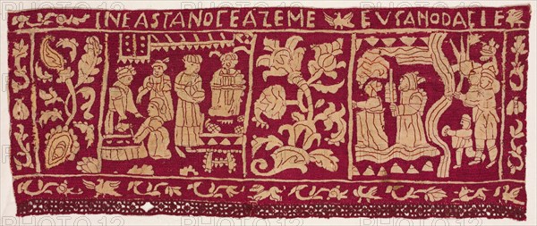 Embroidered Border: The Making of Unleavened Bread and the Israelites Sent Away, 1500s-1600s. Italy, 16th-17th century. Silk, linen; embroidery; overall: 18.1 x 45.4 cm (7 1/8 x 17 7/8 in.)