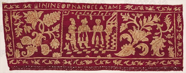 Embroidered Border: The Baking of Unleavened Bread, 1500s-1600s. Italy, 16th-17th century. Embroidery; silk on linen; overall: 18.1 x 45.4 cm (7 1/8 x 17 7/8 in.)