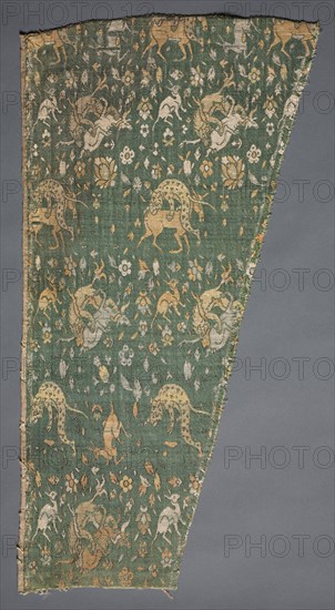 Lampas with scenes of wild animals, 1500s. Iran. Lampas weave, brocaded; silk and gold; overall: 55.4 x 28.5 cm (21 13/16 x 11 1/4 in.)