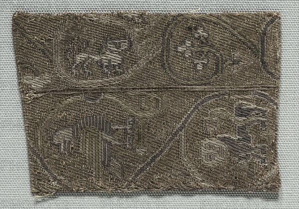 Fragment of a Galloon, 11th-12th century. Italy, Sicily, Palermo, 11th-12th century. Tablet weave; silk and metal; average: 7.7 x 5.1 cm (3 1/16 x 2 in.)