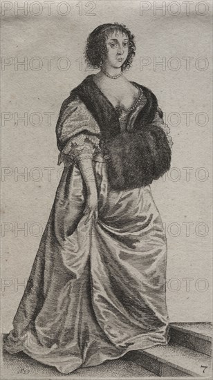 The Several Habits of English Women, from the Nobility to the Country Women as they are in these times:  The Woman on the Two Steps, 1639. Wenceslaus Hollar (Bohemian, 1607-1677). Etching