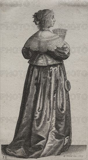 The Several Habits of English Women, from the Nobility to the Country Women as they are in these times:  The Woman with a Fan and Mirror, 1639. Wenceslaus Hollar (Bohemian, 1607-1677). Etching