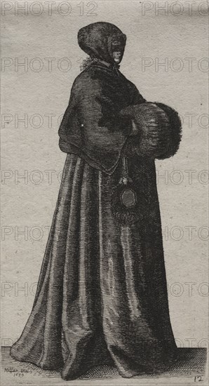 The Several Habits of English Women, from the Nobility to the Country Women as they are in these times:  The Woman with Mask, Hood and Muff, 1639. Wenceslaus Hollar (Bohemian, 1607-1677). Etching