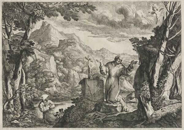 St. Francis of Assisi Receiving the Stigmata. Giovanni Francesco Grimaldi (Italian, 1606-1680). Etching