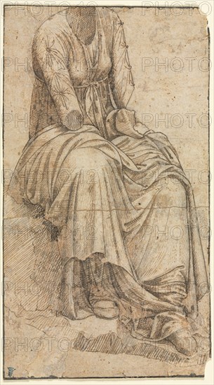 Copy of a Roman Statue of a Seated Woman, second half of 15th century. Circle of Domenico Ghirlandaio (Italian, 1449-1494). Pen and brown ink (two different colors) with graphite; framing lines in brown ink; sheet: 23 x 12.8 cm (9 1/16 x 5 1/16 in.); secondary support: 23 x 12.8 cm (9 1/16 x 5 1/16 in.).