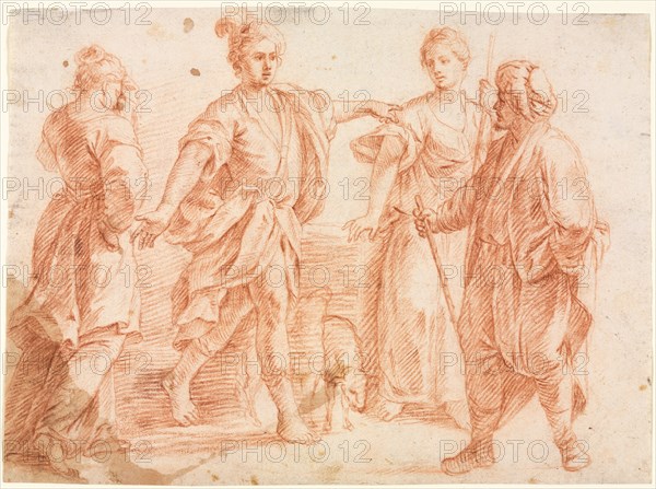 Jacob and Laban with Rachel and Leah (recto) Sketch of Two Men and Other Various Figures (verso), 1600s. Italy, Bologna, 17th century. Red chalk; sheet: 21.3 x 29.2 cm (8 3/8 x 11 1/2 in.).