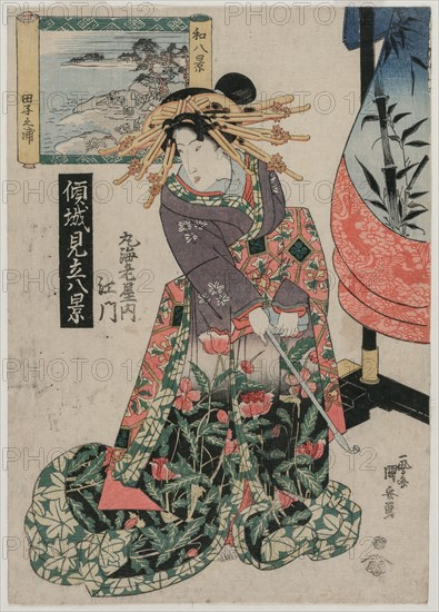 The Courtesan Emon of Maruebiya with a View of Tago Bay (form the series Courtesans with a Playful Group of Eight Views), c. late 1820s or early 1830s. Ipposai Kuniyasu (Japanese, 1794-1834). Color woodblock print; sheet: 36.9 x 25.4 cm (14 1/2 x 10 in.).