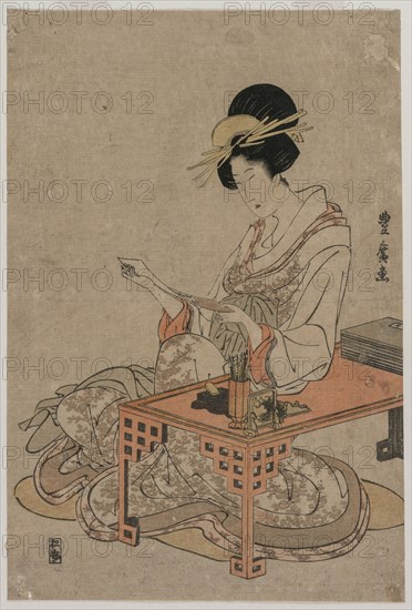Courtesan Seated at a Writing Table, c. late 1790s. Utagawa Toyohiro (Japanese, 1733-1828). Color woodblock print; sheet: 32.4 x 21.6 cm (12 3/4 x 8 1/2 in.).