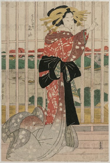 The Courtesan Meizan of the Chojiya on a Balcony Overlooking the Sumida River, ca. early or mid 1820s. Eizan Kikugawa (Japanese, 1787-1867). Color woodblock print; sheet: 37.2 x 25.2 cm (14 5/8 x 9 15/16 in.).
