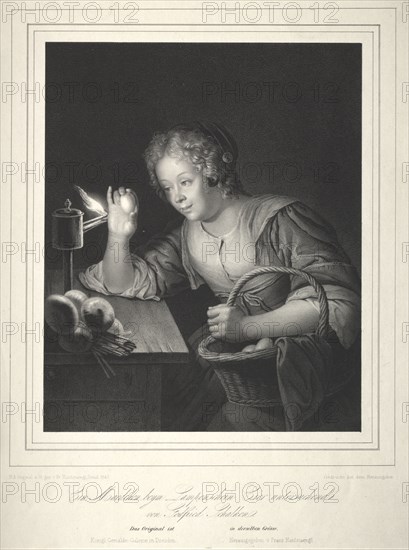 Girl Candling Eggs, 1840. Franz Seraph Hanfstaengl (German, 1804-1877). Lithograph