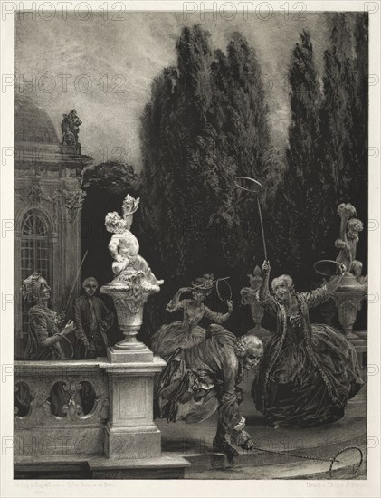 Essay on Stone with Brush and Scraper:  Playing at Hoops on the Castle Terrace, 1851. Adolph von Menzel (German, 1815-1905). Lithograph