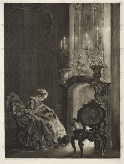 Essay on Stone with Brush and Scraper:  Woman Reading at the Fireside, 1851. Adolph von Menzel (German, 1815-1905). Lithograph