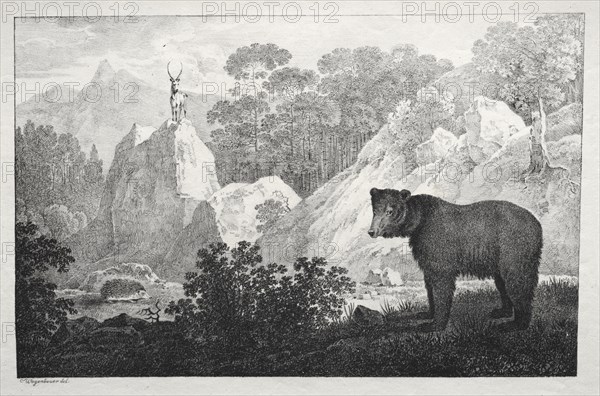 Mountainous Landscape with Bear in the Foreground. Maximilian Josef Wagenbauer (German, 1774-1829). Lithograph